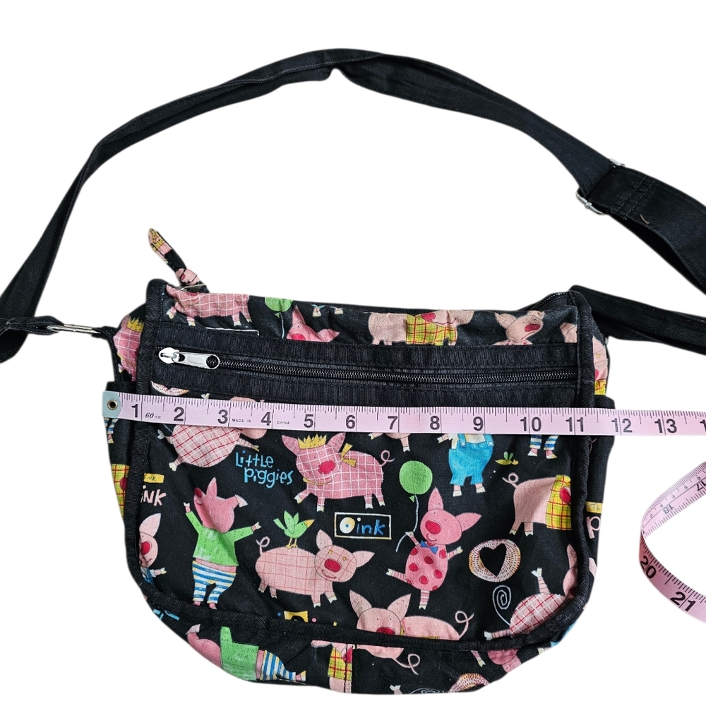 Little Piggies Womens Black Canvas Crossbody Bag Whimsical Archival Statement - Picture 7 of 7